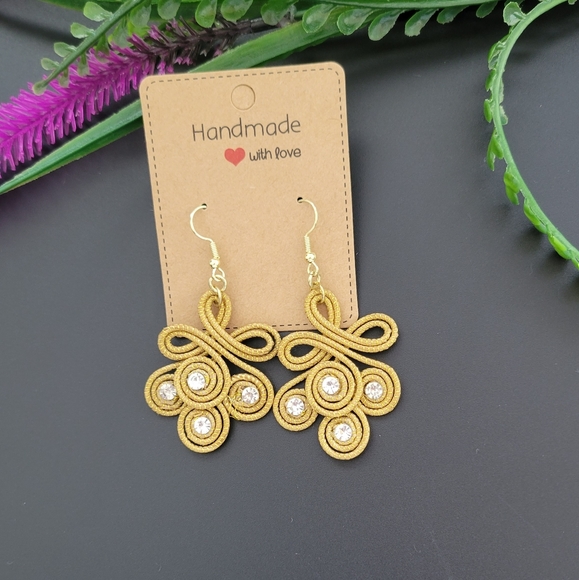 Handmade Art Deco Gold Dangle Earrings - Picture 3 of 6